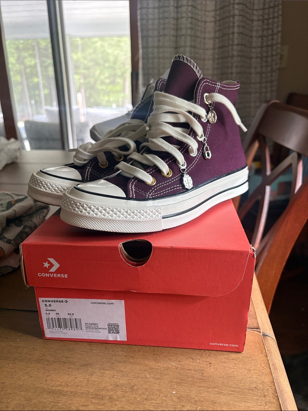 Converse Plum High-Top Sneakers with white,silver, gold Accents. Never worn.